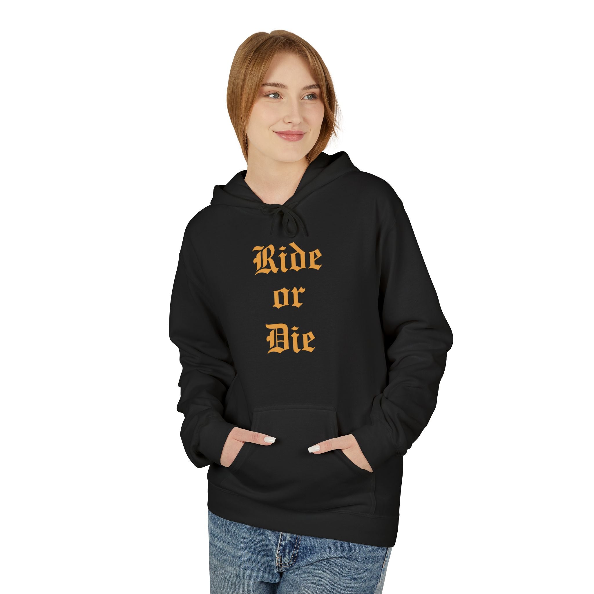Ride or Die Hoodie — Gothic Lettering Black Pullover for Riders & Streetwear