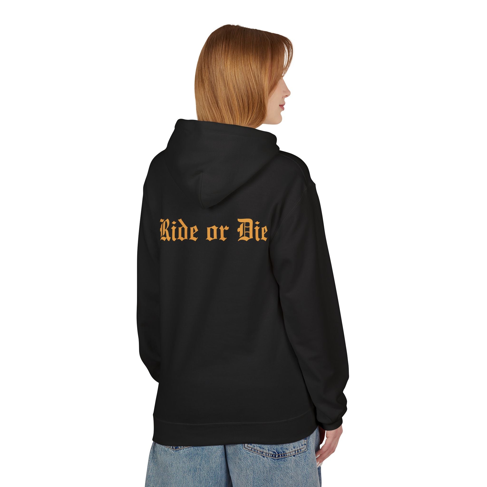 Ride or Die Hoodie — Gothic Lettering Black Pullover for Riders & Streetwear