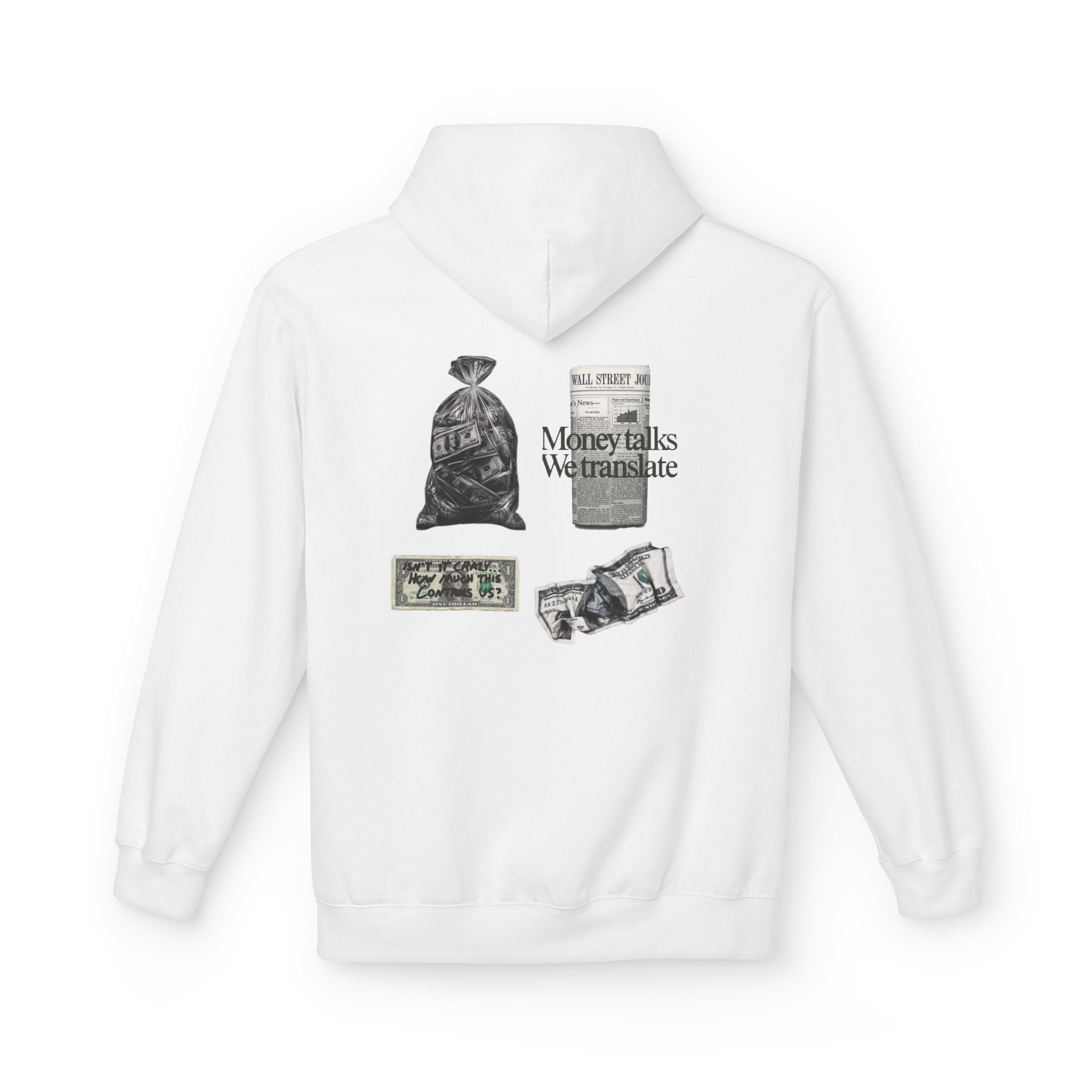 Money Talks Graphic Hoodie — Vintage Newspaper & Cash Collage
