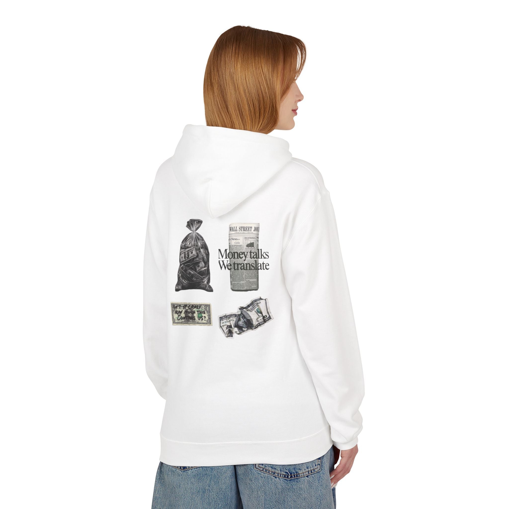 Money Talks Graphic Hoodie — Vintage Newspaper & Cash Collage